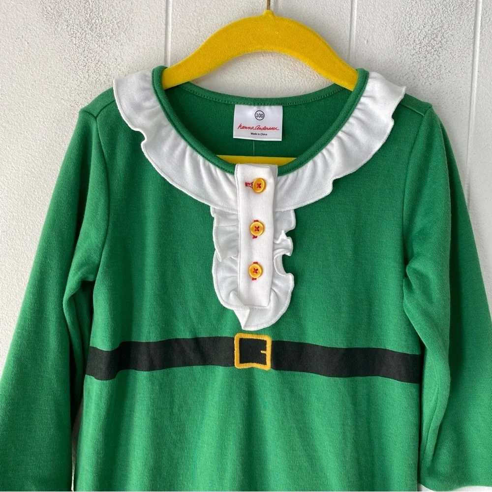 Hanna Andersson Misa Nick Holiday Pajama Dress Girls Sz 100 US 4 Green White Elf